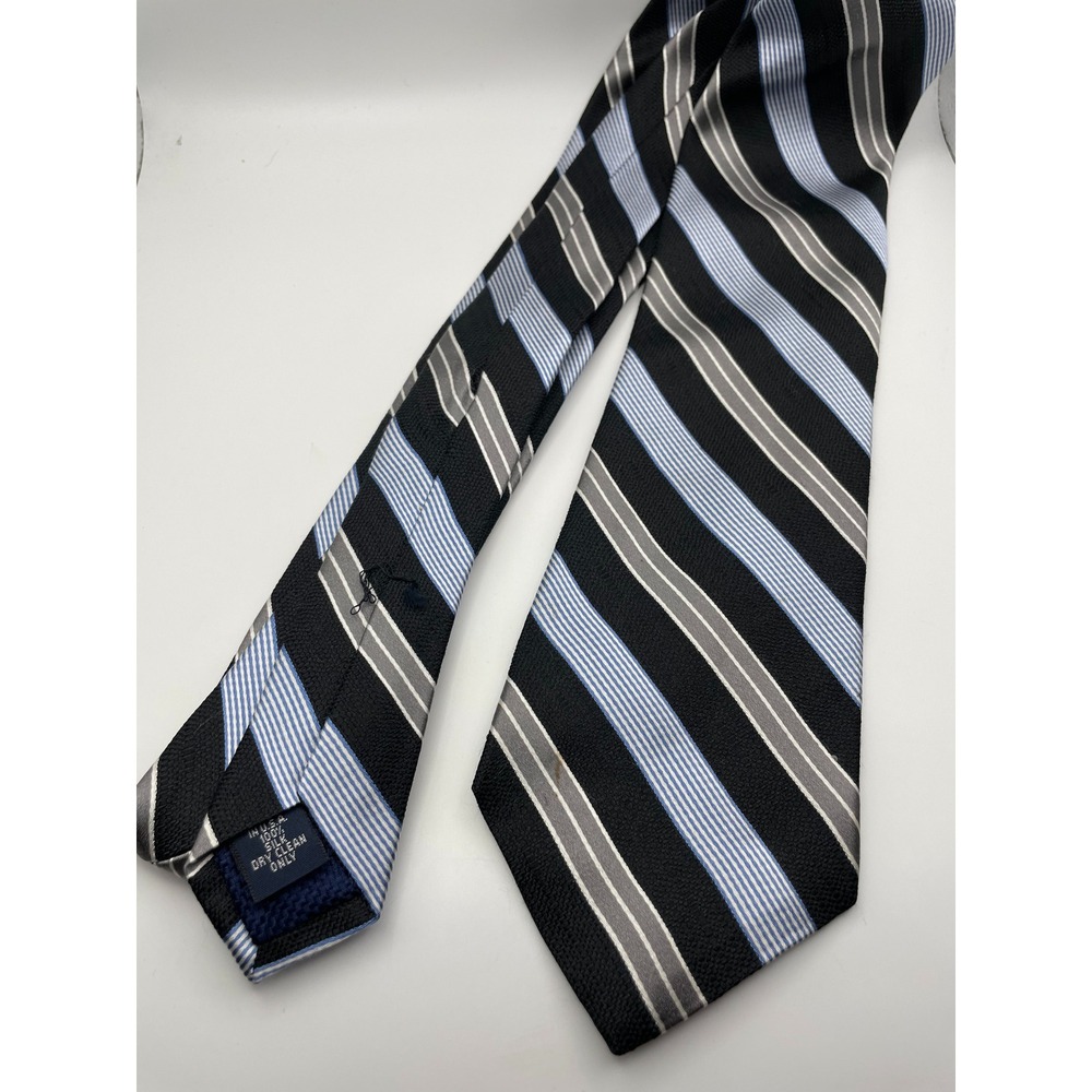 Cremieux Collection Mens Silk Tie Black Blue Silver Striped Hand Made USA